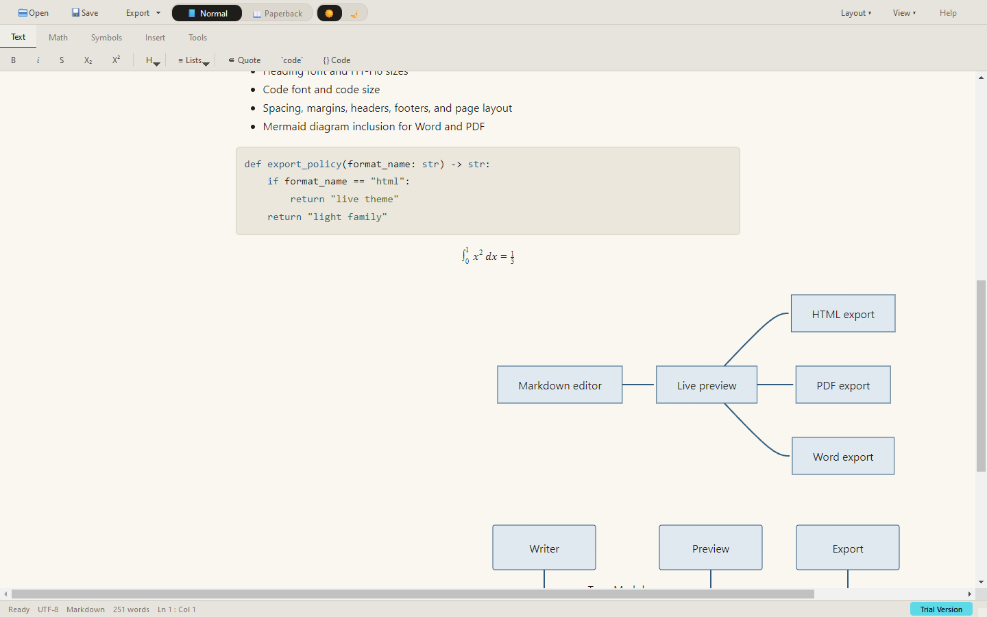 MarkStudio Pro preview showing math and Mermaid diagram rendering