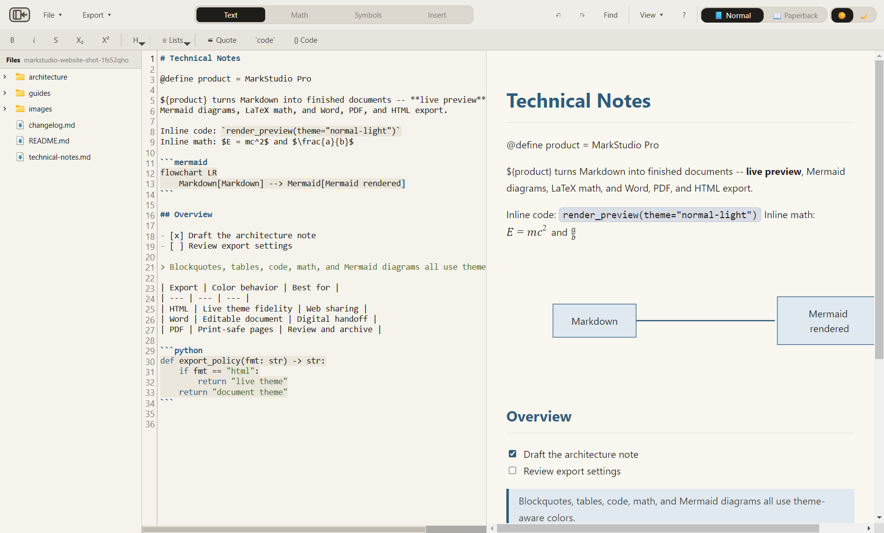 MarkStudio Pro file explorer showing local folders and Markdown files beside the editor and preview