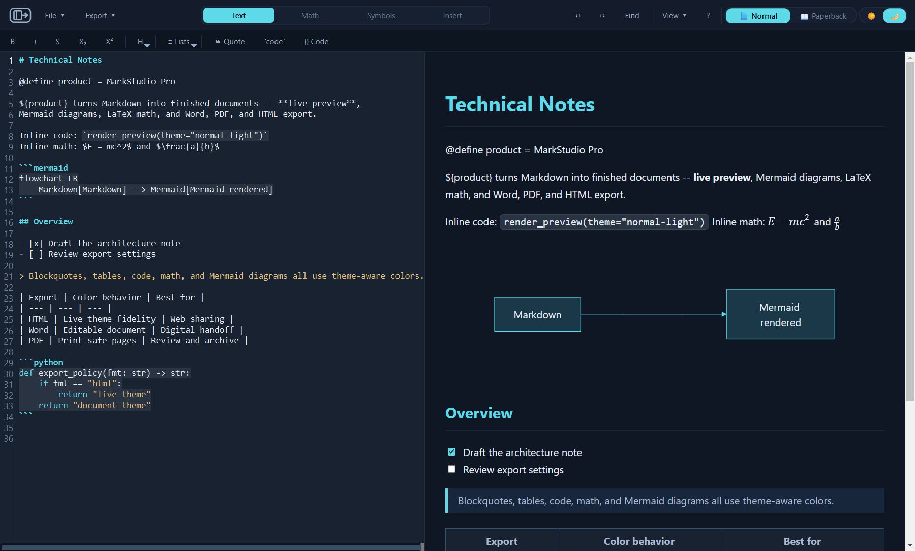 MarkStudio Pro editor and preview in Normal Dark mode