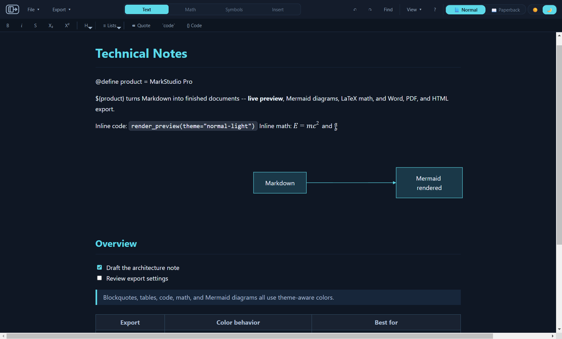 MarkStudio Pro preview showing rendered math, tables, code, and Mermaid diagram content