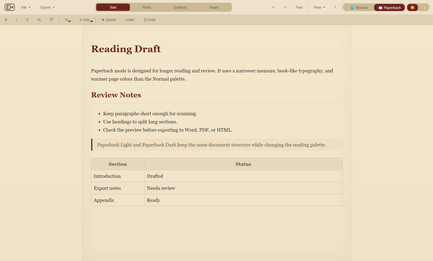 Paperback Light preview showing narrower reading width and serif typography